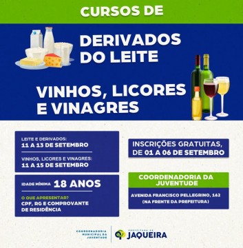 Prefeitura de Jaqueira oferece cursos gratuitos de vinhos, licores e derivados do leite