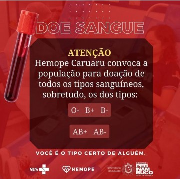 Hemope Caruaru convoca doadores de sangue para tipos sanguíneos críticos