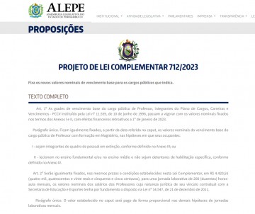 Governo de Pernambuco envia proposta de reajuste do piso salarial dos professores à Alepe