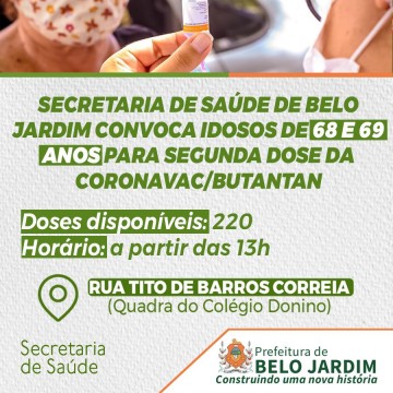 Secretaria de Saúde de Belo Jardim convoca idosos de 68 e 69 anos para segunda dose da Coronavac