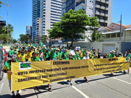 A maioria dos que participam veste as cores da bandeira do Brasil e estão usando a bandeira, o símbolo do país, como ato político