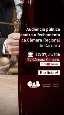 A audiência será nesta quinta-feira (22), e será transmitida pelo canal da Câmara de Vereadores de Caruaru no Youtube