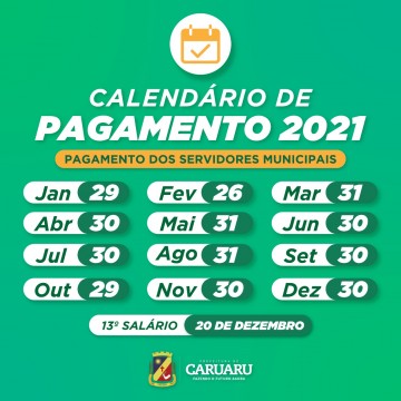 Calendários 2021 de pagamento de servidores públicos de Caruaru