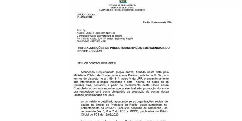 O relator Carlos Porto atendeu a um requerimento do Ministério Público de Contas de Pernambuco (MPCO)