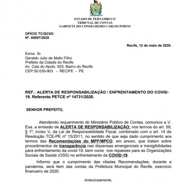 Relator do TCE cobra mais transparência da Prefeitura do Recife nos gastos emergenciais com a covid-19